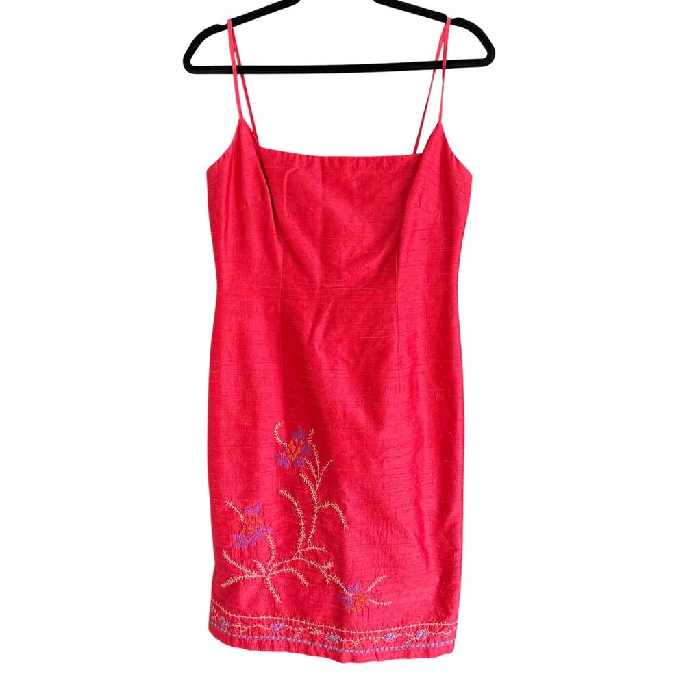 90s Vintage LAUNDRY | Red Silk Embroidered Square Neck Cocktail Dress 8 Petite